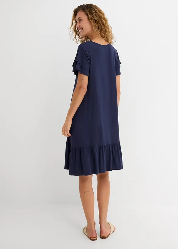 Jerseykleid mit Volant aus Viskose-Mix in blau von hinten (Totalaufnahme) - bonprix