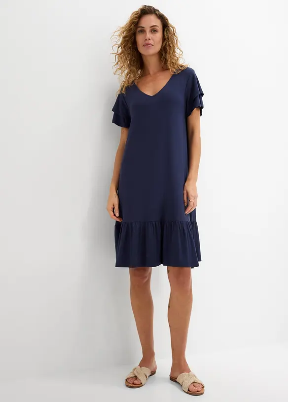 Jerseykleid mit Volant aus Viskose-Mix in blau von vorne (Totalaufnahme) - bonprix