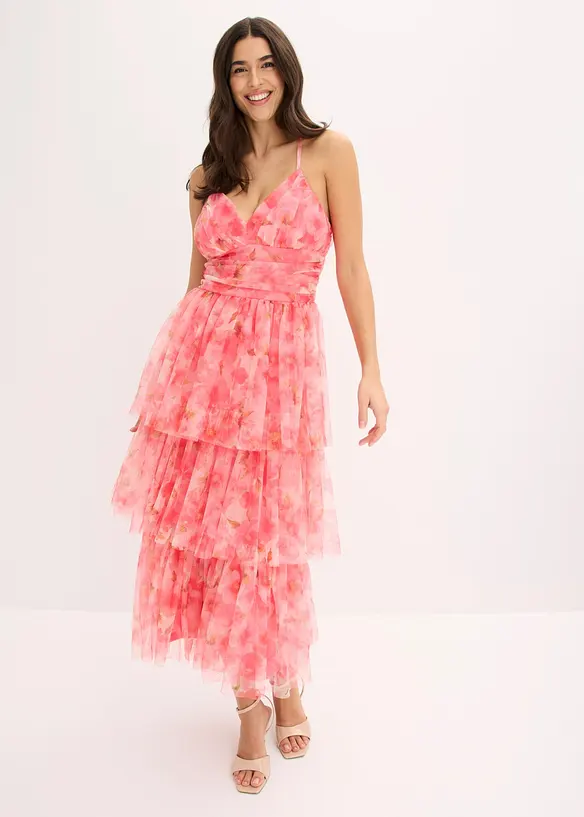 Midikleid aus zartem Tüll mit Volants in pink von vorne (Totalaufnahme) - bonprix