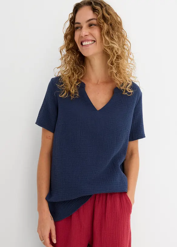 Musselin-Long-Tunika aus reiner Baumwolle in blau von vorne (im Anschnitt) - bonprix