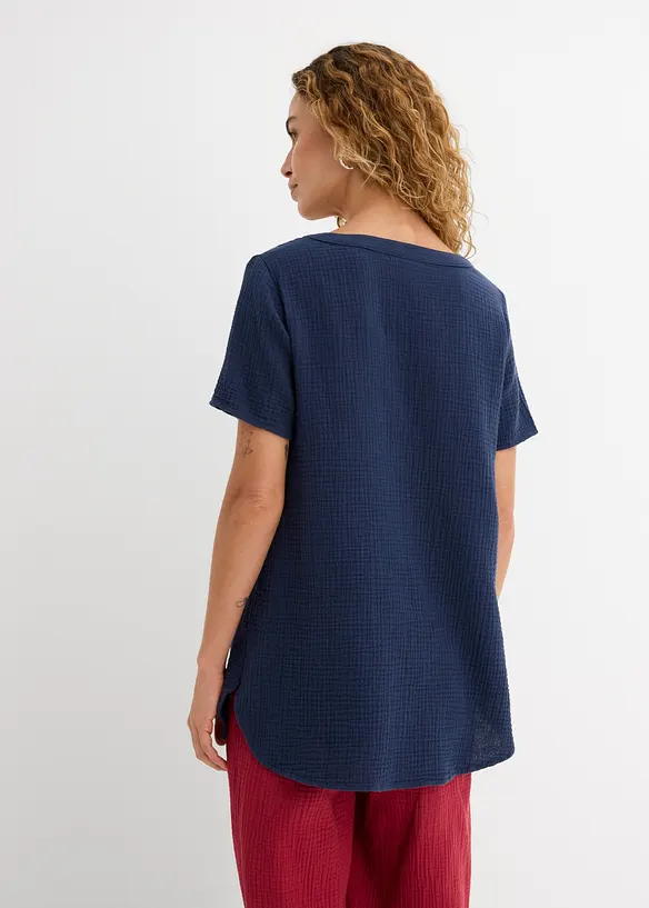 Musselin-Long-Tunika aus reiner Baumwolle in blau von hinten (im Anschnitt) - bonprix