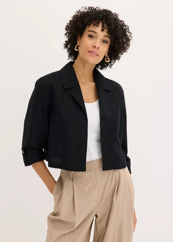 Blusenjacke aus Leinenmix in schwarz von vorne (im Anschnitt) - bonprix