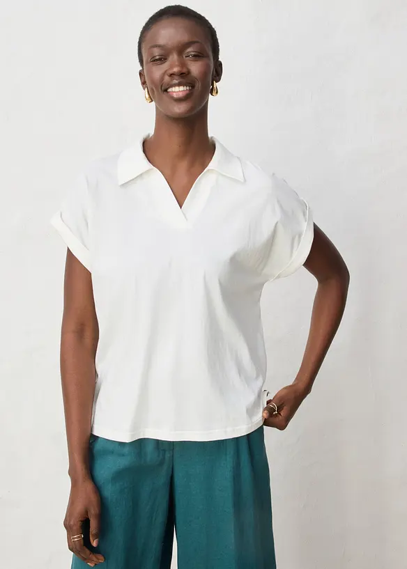 Poloshirt mit Seidenanteil weit geschnitten in weiß von vorne (im Anschnitt) - bonprix Poloshirt mit Seidenanteil weit geschnitten in weiß von vorne (im Anschnitt) - bonprix