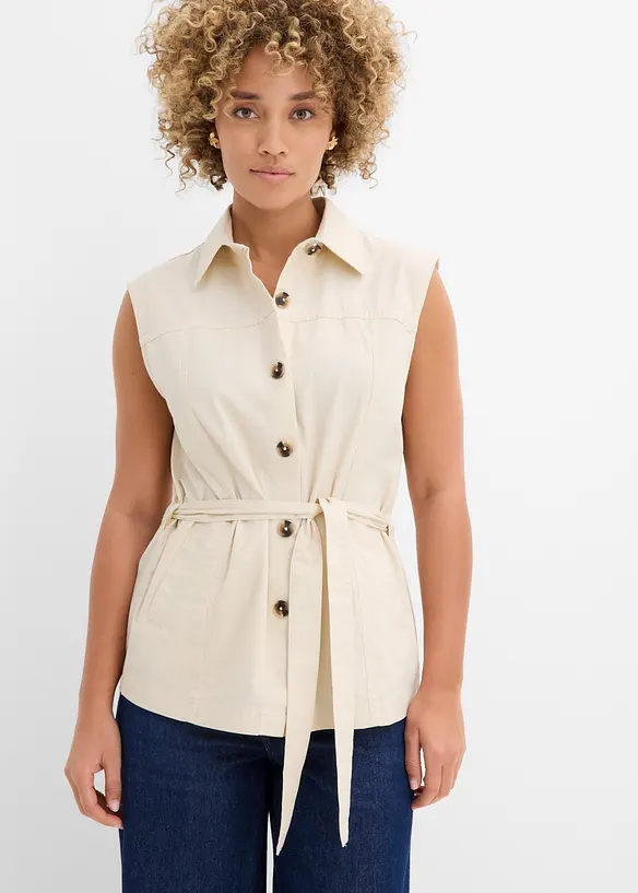 Weste mit Gürtel, aus Baumwolle in beige von vorne (im Anschnitt) - bonprix
