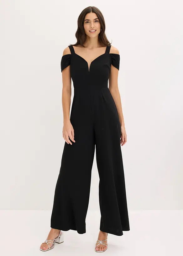 Overall aus strukturiertem Crepé in schwarz von vorne (Totalaufnahme) - bonprix