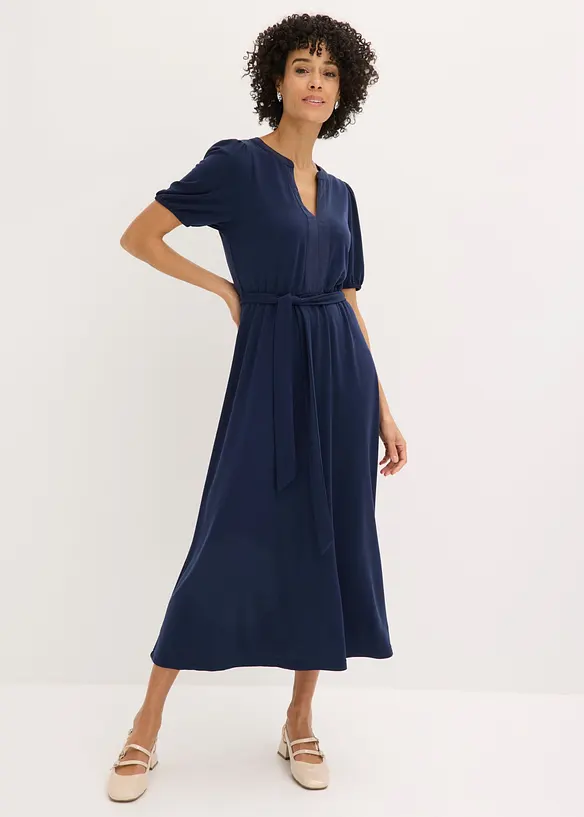 Midikleid mit Bindegürtel aus Viskose-Piqué (2-tlg.Set) in blau von vorne (Totalaufnahme) - bonprix