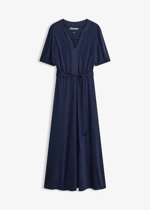 Midikleid mit Bindegürtel aus Viskose-Piqué (2-tlg.Set) in blau von vorne - bonprix