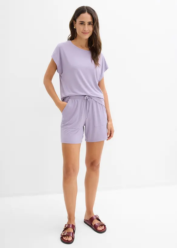 Shirt und Shorts aus softem Viskose-Mix (2-tlg.Set) in lila von vorne (Totalaufnahme) - bonprix