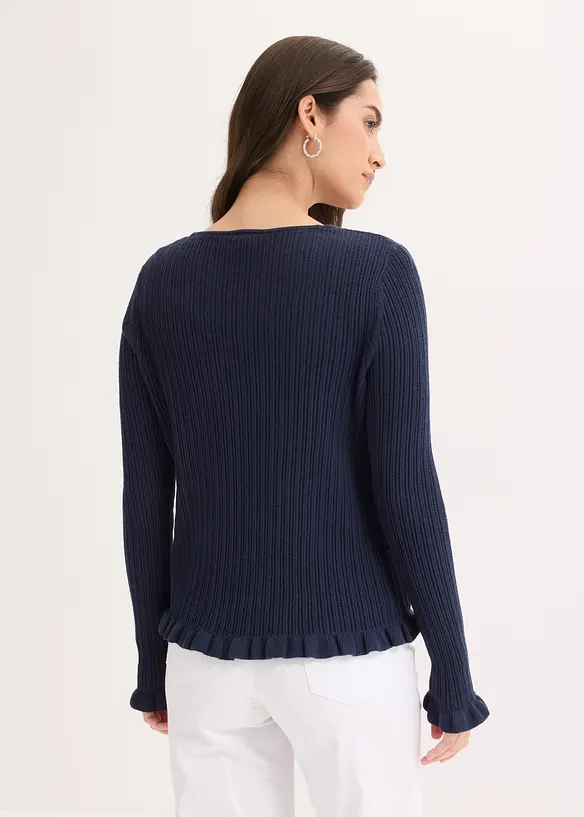 Feinstrickjacke aus Baumwoll-Mix in blau von hinten (im Anschnitt) - bonprix