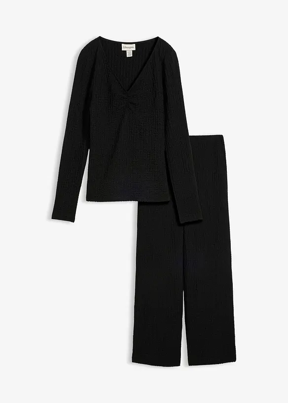 Shirt und Hose (2-tlg.Set) aus strukturiertem Crêpe in schwarz von vorne - bonprix