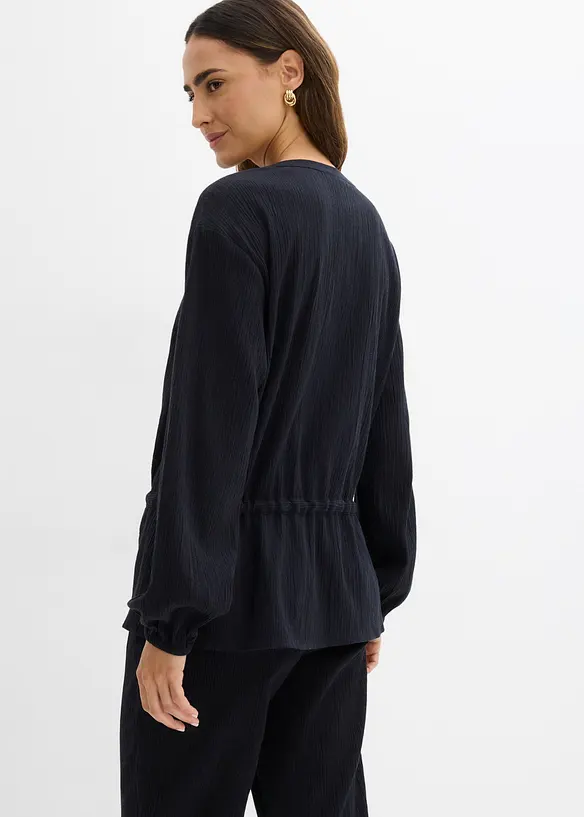 Bluse aus strukturiertem Crinkle in schwarz von hinten (im Anschnitt) - bonprix