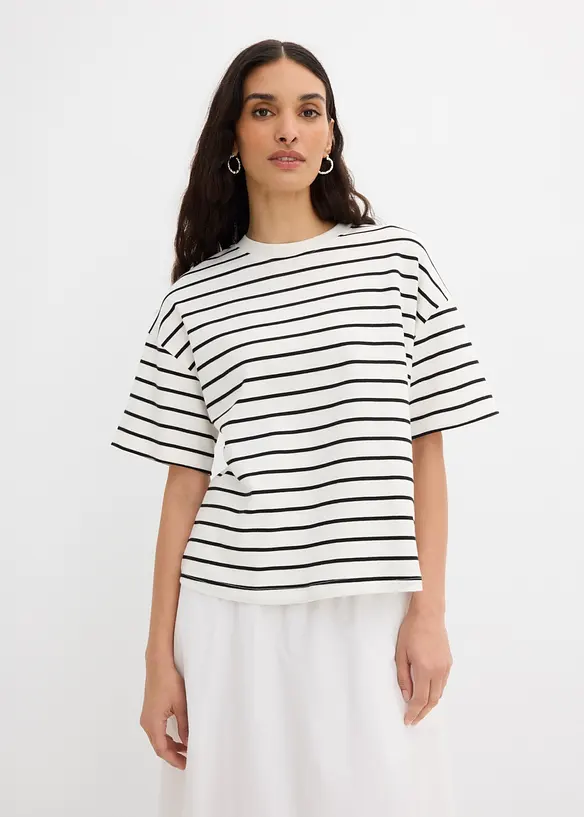 Streifen-Shirt aus reiner Bio-Baumwolle in weiß von vorne (im Anschnitt) - bonprix