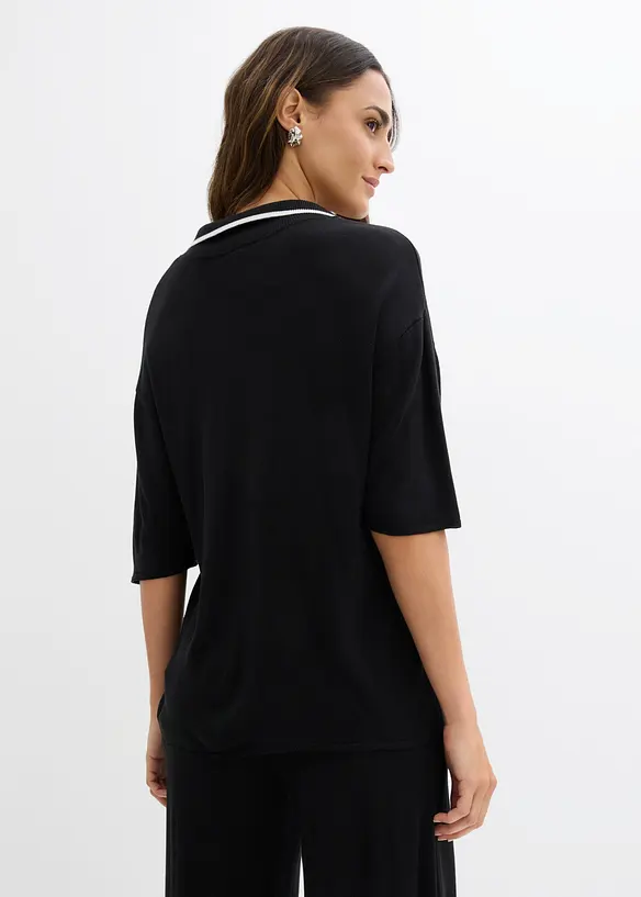 Polo Fein-Strickshirt aus Viskose-Mix in schwarz von hinten (im Anschnitt) - bonprix Polo Fein-Strickshirt aus Viskose-Mix in schwarz von hinten (im Anschnitt) - bonprix