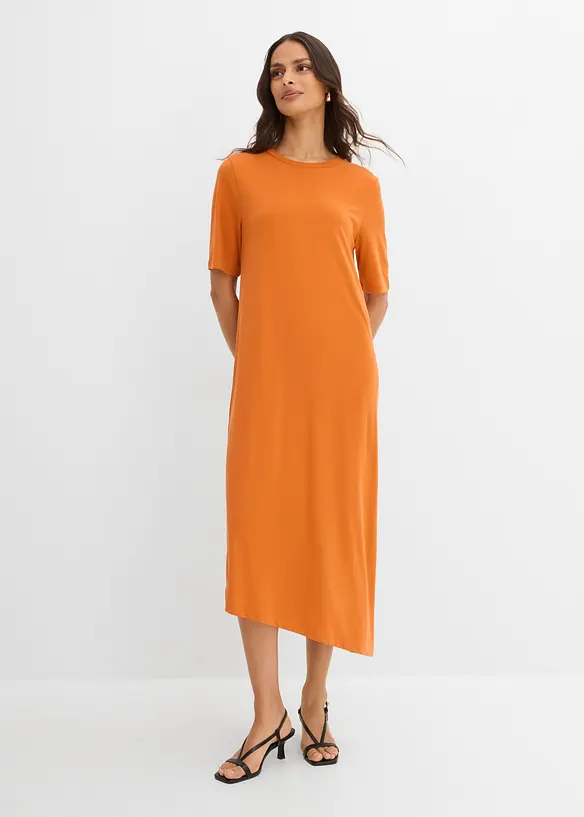 Shirtkleid mit asymmetrischem Saum aus Modal-Mix in orange von vorne (Totalaufnahme) - bonprix Shirtkleid mit asymmetrischem Saum aus Modal-Mix in orange von vorne (Totalaufnahme) - bonprix