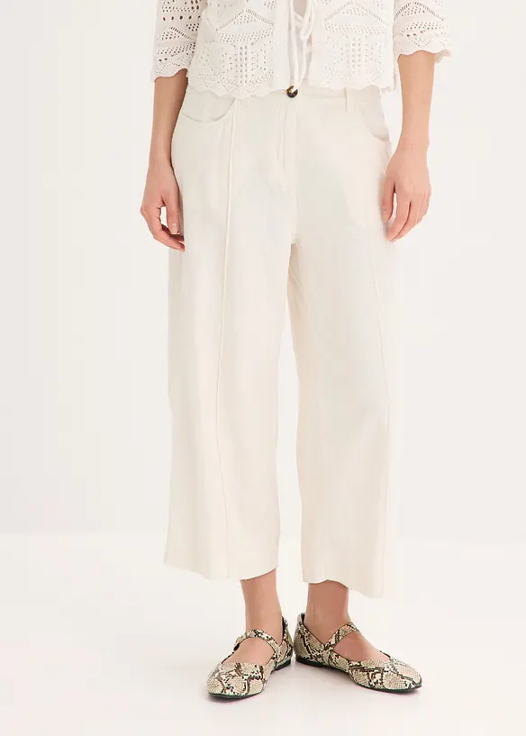Culotte Hose aus luftigem Leinen-Mix mit Biesen in weiß von vorne - bonprix Culotte Hose aus luftigem Leinen-Mix mit Biesen in weiß von vorne - bonprix