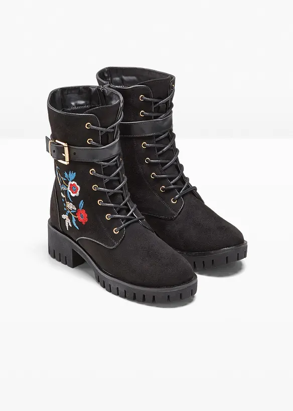 Schnürboots mit Stickerei in schwarz - bonprix