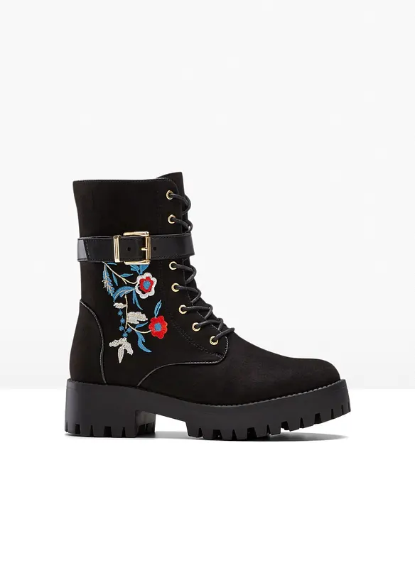 Schnürboots mit Stickerei in schwarz von vorne - bonprix