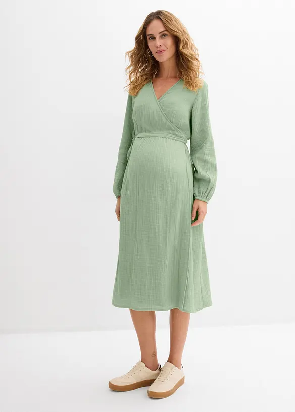 2-in-1 Umstands- und Stillkleid aus Baumwoll-Musselin in grün von vorne (Totalaufnahme) - bonprix 2-in-1 Umstands- und Stillkleid aus Baumwoll-Musselin in grün von vorne (Totalaufnahme) - bonprix