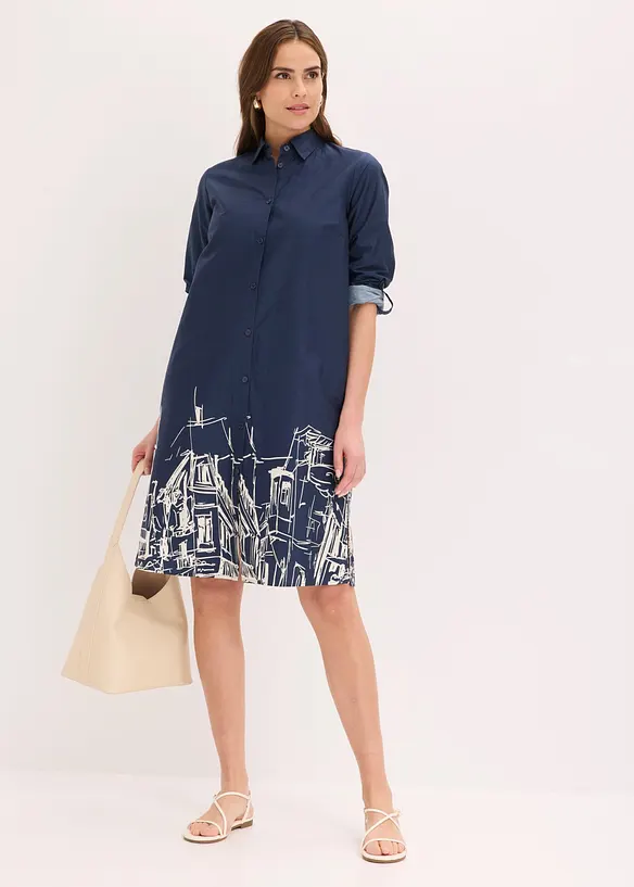 Hemdblusenkleid aus Baumwoll- Popeline in blau von vorne (Totalaufnahme) - bonprix Hemdblusenkleid aus Baumwoll- Popeline in blau von vorne (Totalaufnahme) - bonprix