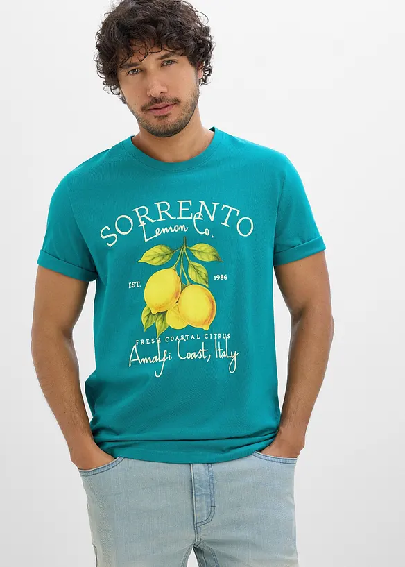 T-Shirt aus reiner Baumwolle in petrol von vorne (im Anschnitt) - bonprix
