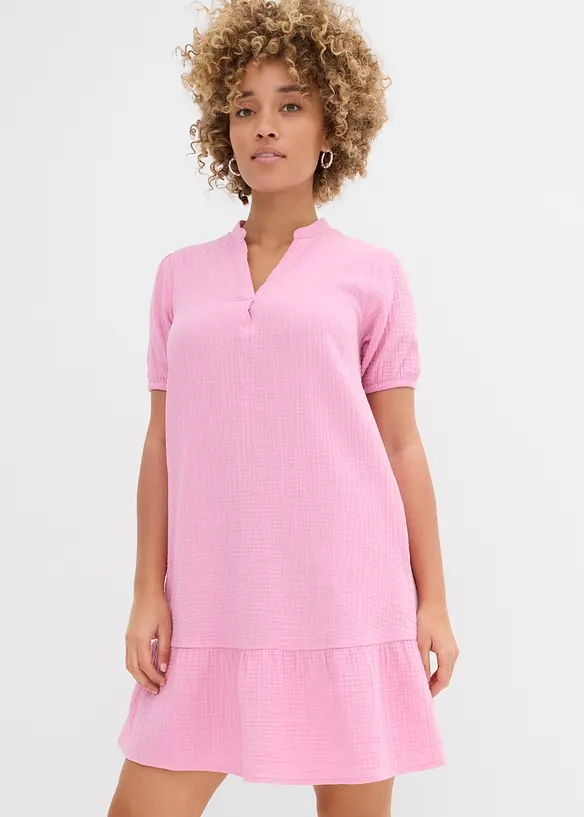 Musselin-Minikleid aus reiner Baumwolle in rosa von vorne (Totalaufnahme) - bonprix