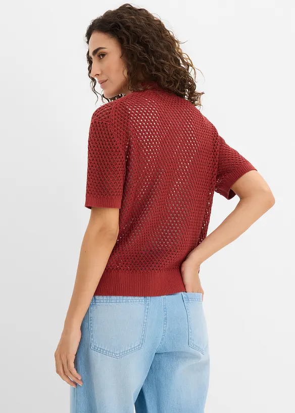 Ajour-Strickjacke aus Baumwoll-Leinen-Mix in rot von hinten (im Anschnitt) - bonprix