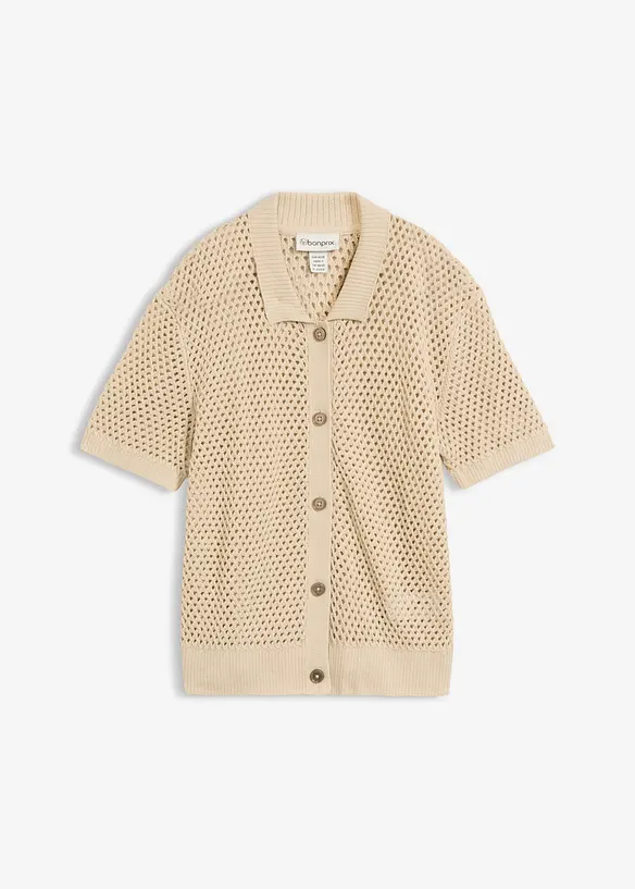 Ajour-Strickjacke aus Baumwoll-Leinen-Mix in beige von vorne - bonprix