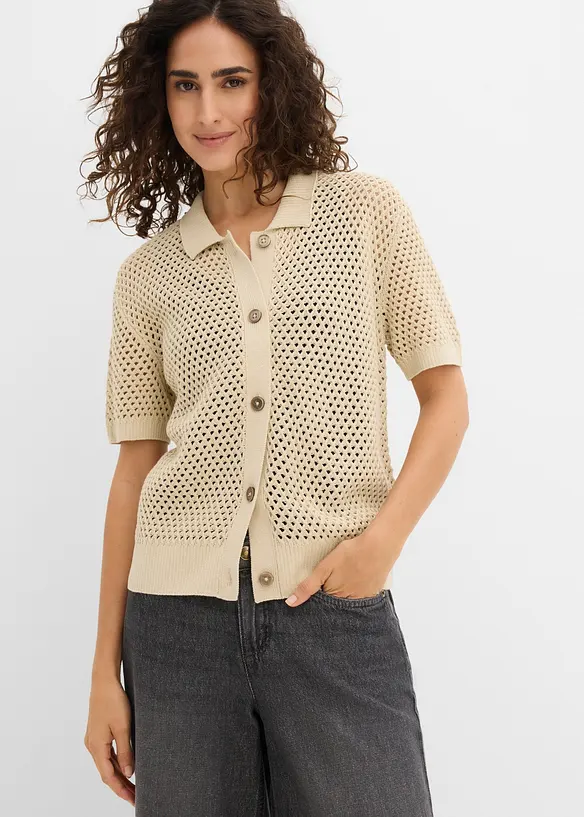 Ajour-Strickjacke aus Baumwoll-Leinen-Mix in beige von vorne (im Anschnitt) - bonprix