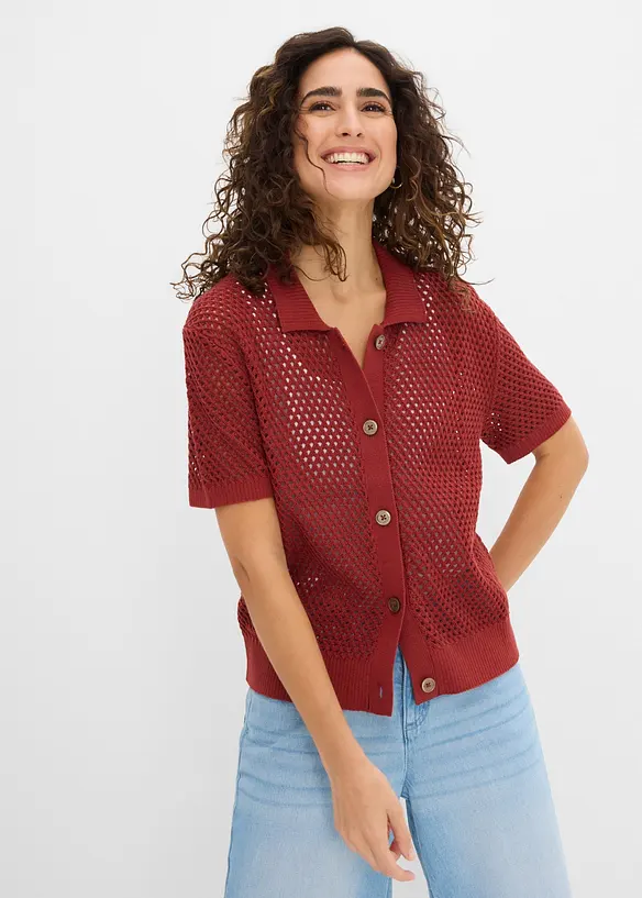 Ajour-Strickjacke aus Baumwoll-Leinen-Mix in rot von vorne (im Anschnitt) - bonprix