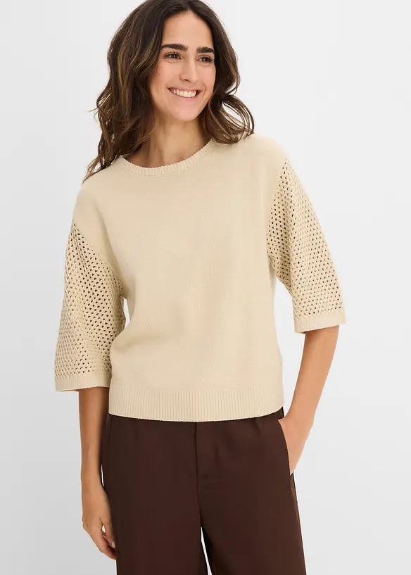 Pullover aus Baumwoll-Leinen-Mix in beige von vorne (im Anschnitt) - bonprix