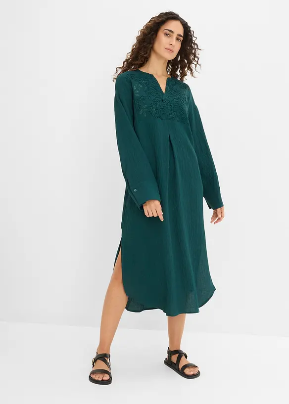 Leichtes Kaftan-Kleid mit Verzierung in grün von vorne (Totalaufnahme) - bonprix Leichtes Kaftan-Kleid mit Verzierung in grün von vorne (Totalaufnahme) - bonprix