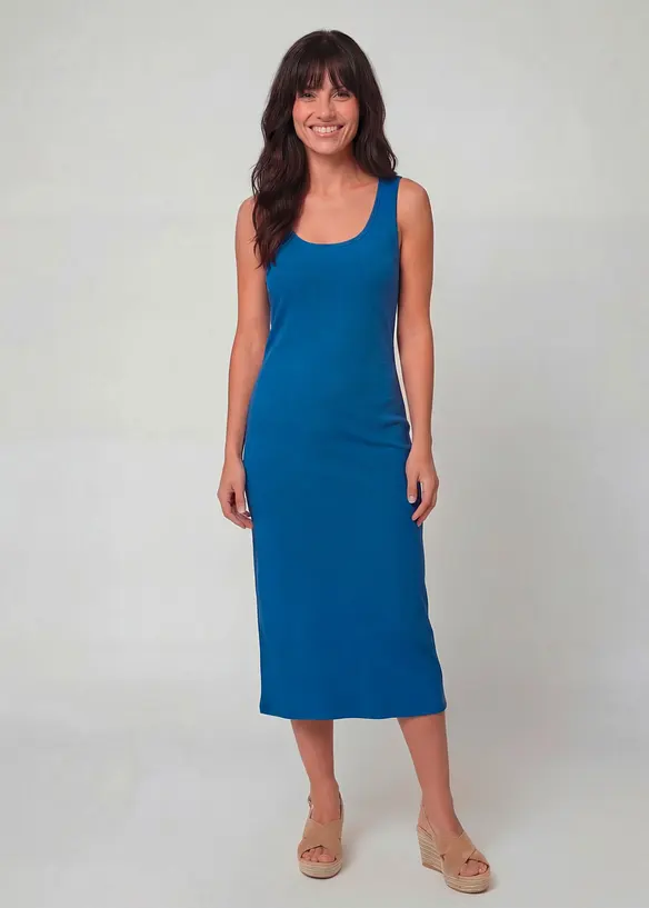 Trägerkleid aus Bio- Baumwoll-Stretch in blau von vorne (Totalaufnahme) - bonprix
