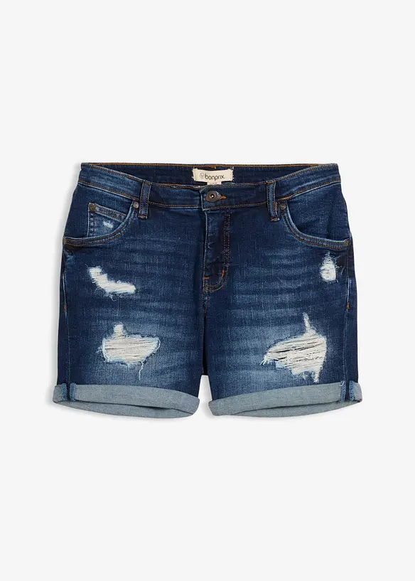 Jeansshorts Mid Waist mit Destroy- Effekten in blau von vorne - bonprix
