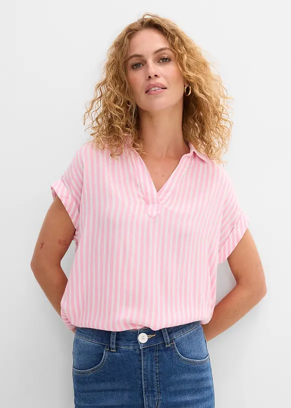 Kurzarmbluse aus fließender Viskose in rosa von vorne (im Anschnitt) - bonprix Kurzarmbluse aus fließender Viskose in rosa von vorne (im Anschnitt) - bonprix