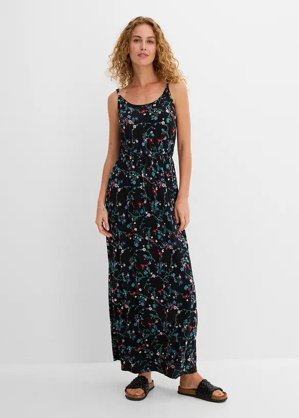 tailliertes Maxi-Kleid mit Druck in schwarz von vorne (Totalaufnahme) - bonprix tailliertes Maxi-Kleid mit Druck in schwarz von vorne (Totalaufnahme) - bonprix