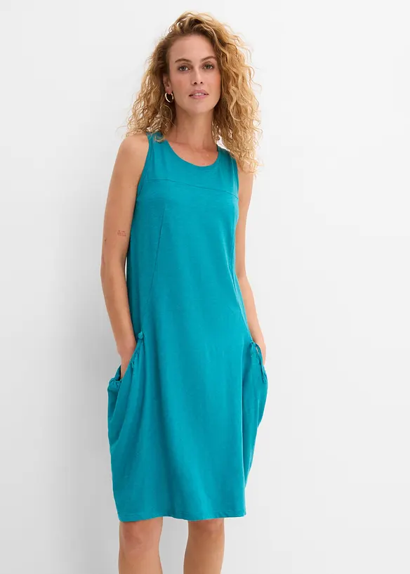Baumwoll-Jerseykleid mit Taschen in petrol von vorne (Totalaufnahme) - bonprix