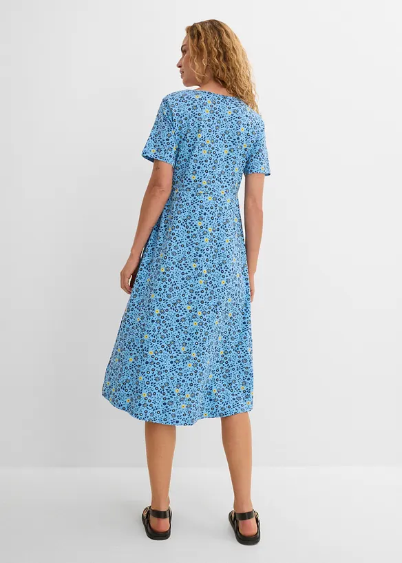 Baumwoll-Jerseykleid, Midilänge in blau von hinten (Totalaufnahme) - bonprix