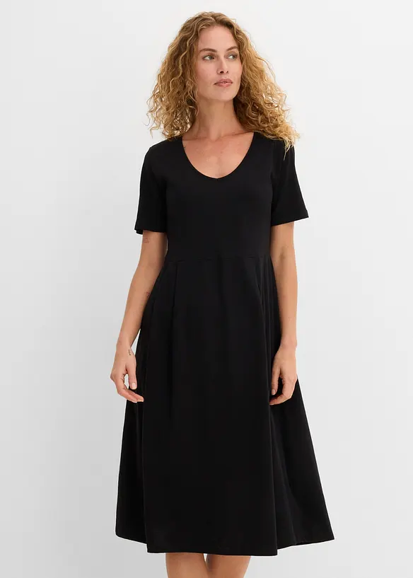 Baumwoll-Jerseykleid, Midilänge in schwarz von vorne (Totalaufnahme) - bonprix