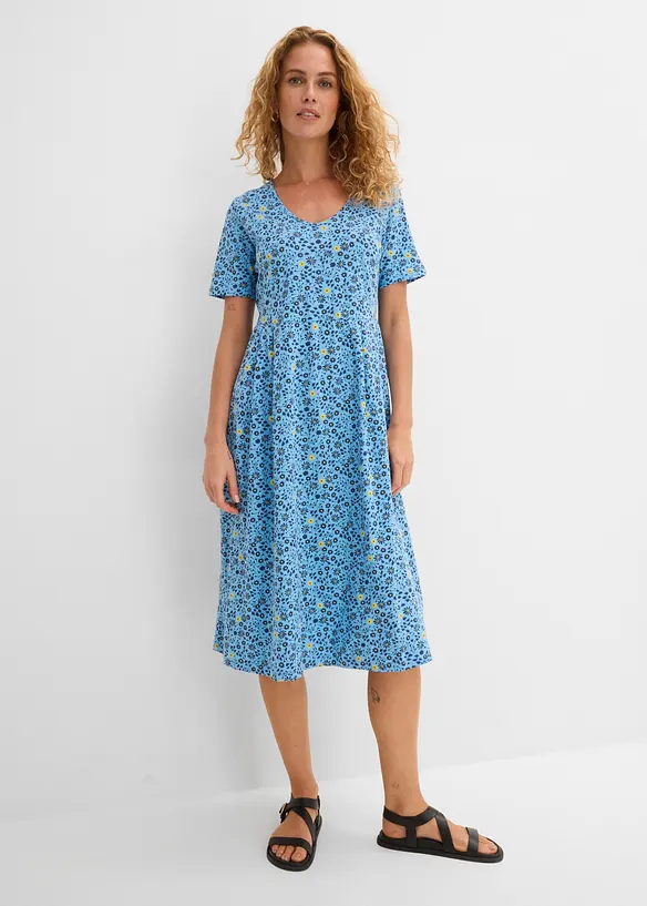 Baumwoll-Jerseykleid, Midilänge in blau von vorne (Totalaufnahme) - bonprix