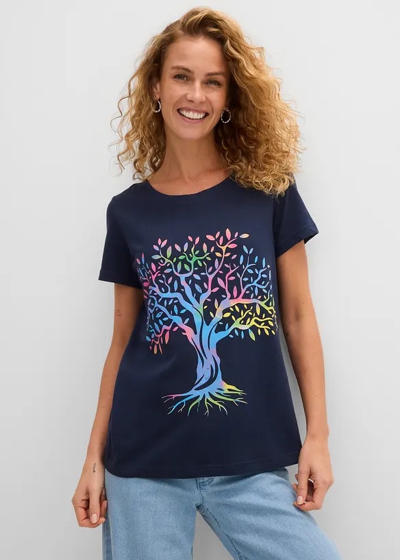 Bedrucktes T-Shirt aus Bio-Baumwolle in blau von vorne (im Anschnitt) - bonprix