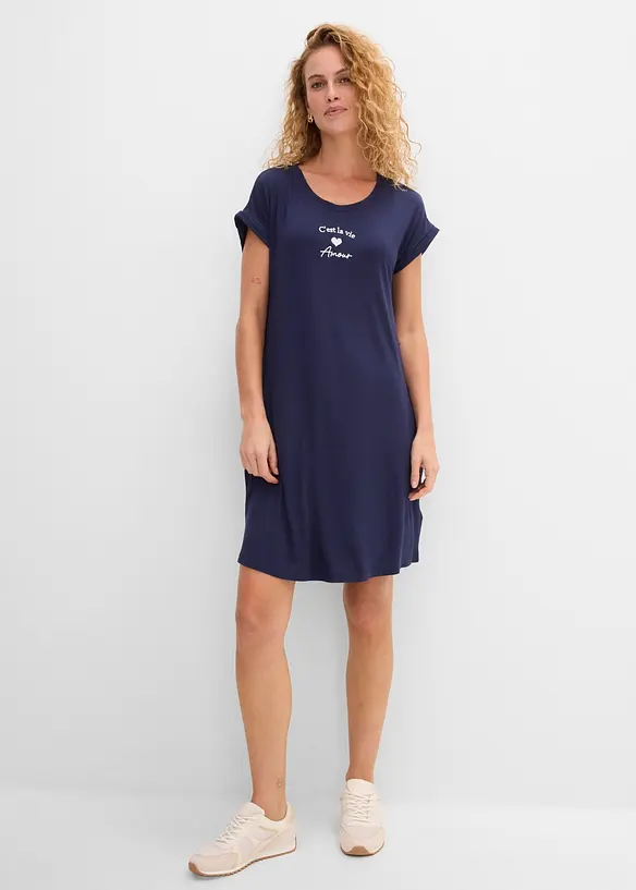 Jersey-Kleid mit Stickerei aus Viskose-Elasthan-Mix in blau von vorne (Totalaufnahme) - bonprix Jersey-Kleid mit Stickerei aus Viskose-Elasthan-Mix in blau von vorne (Totalaufnahme) - bonprix