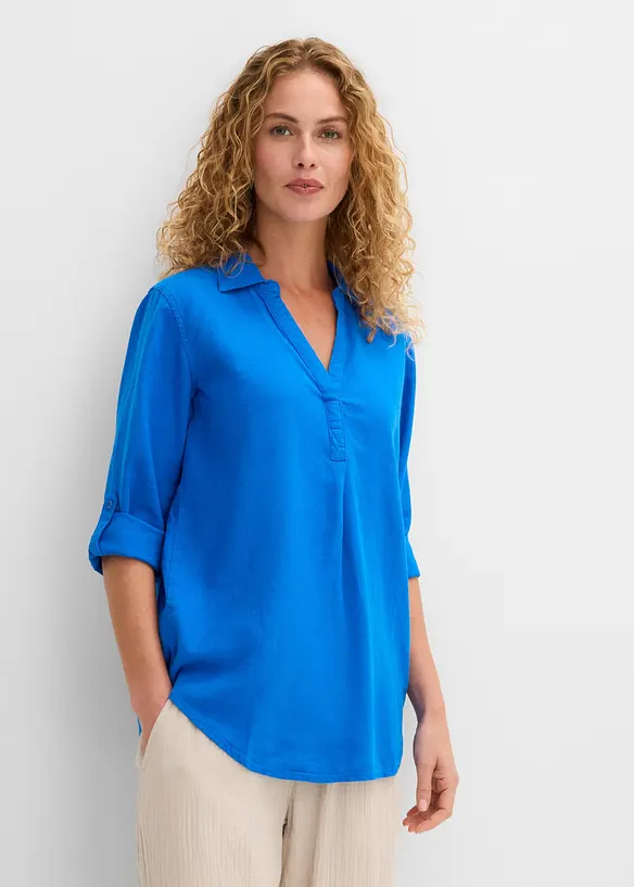 Leinen-Bluse, 3/4-Arm in blau von vorne (im Anschnitt) - bonprix