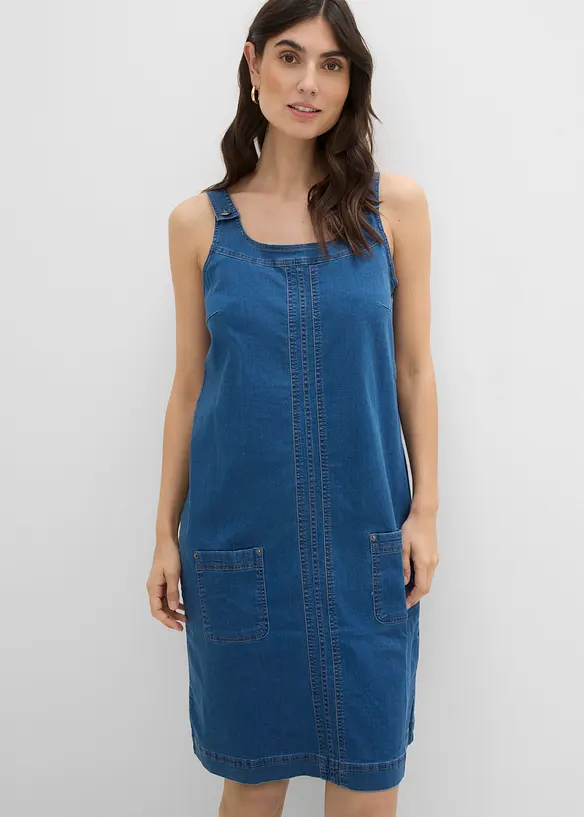 Baumwoll-Jeanskleid mit Latzträgern, knieumspielend in blau von vorne (Totalaufnahme) - bonprix