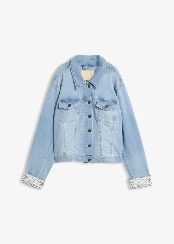 Jeansjacke mit Spitzeneinsatz in blau von vorne - bonprix