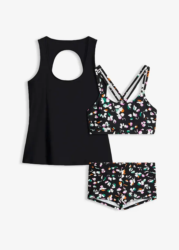 Tankini und Bustier-Oberteil (3-tlg.Set) in schwarz von vorne - bonprix