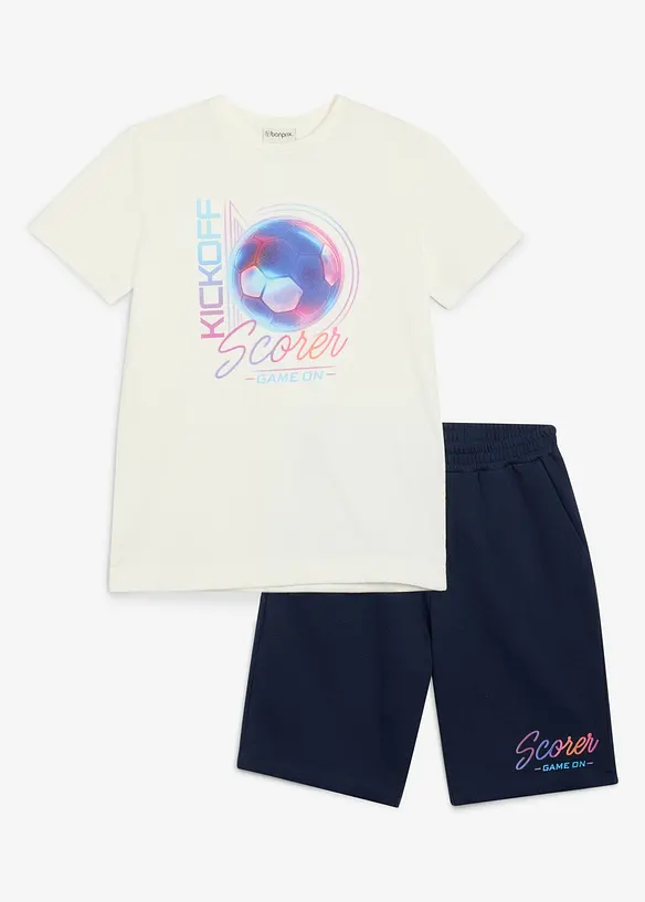 T-Shirt und Sweat-Bermuda aus reiner Bio Baumwolle (2-tlg.Set) in weiß von vorne - bonprix