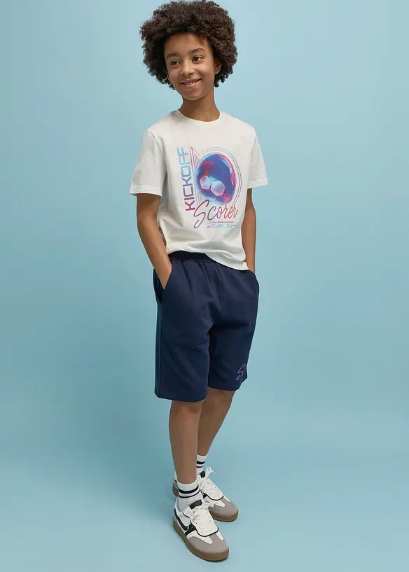 T-Shirt und Sweat-Bermuda aus reiner Bio Baumwolle (2-tlg.Set) in weiß von vorne (Totalaufnahme) - bonprix