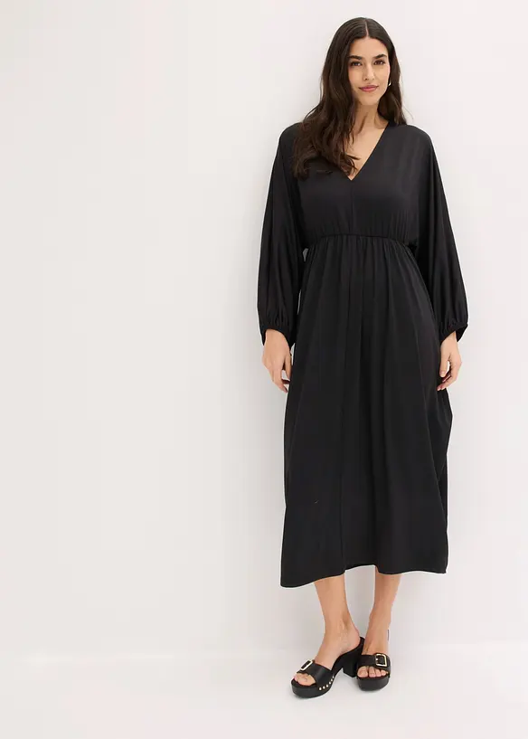 Midikleid mit tiefem Ausschnitt in schwarz von vorne (Totalaufnahme) - bonprix