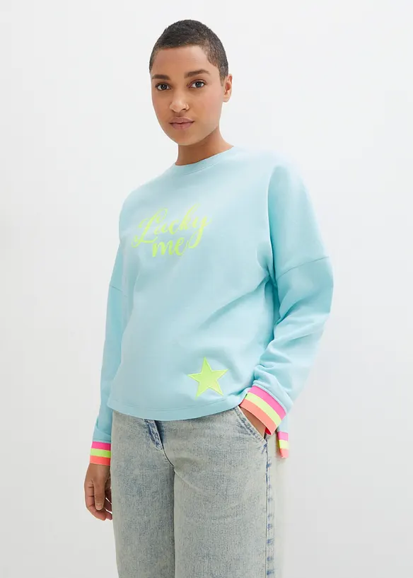 Oversize-Sweatshirt mit bunten Bündchen aus reiner Baumwolle in blau von vorne (im Anschnitt) - bonprix Oversize-Sweatshirt mit bunten Bündchen aus reiner Baumwolle in blau von vorne (im Anschnitt) - bonprix