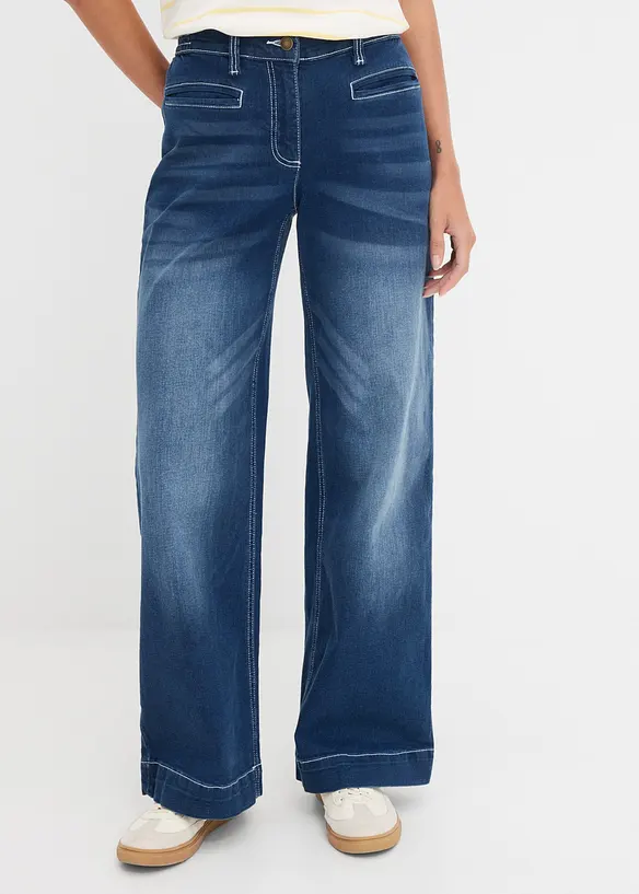 Wide-Leg-Jeans Mid Waist, Bequembund in blau von vorne - bonprix